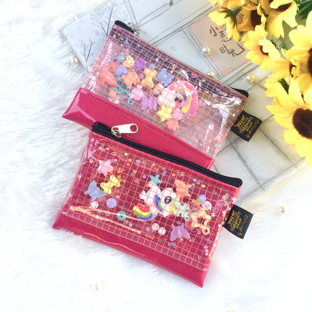 กระเป๋าสตางค์ลูกปัด โฮโลแกรม ใส่เหรียญ 2 /ชิ้น สีชมพู ทับตารางกระเป๋ากากเพชร