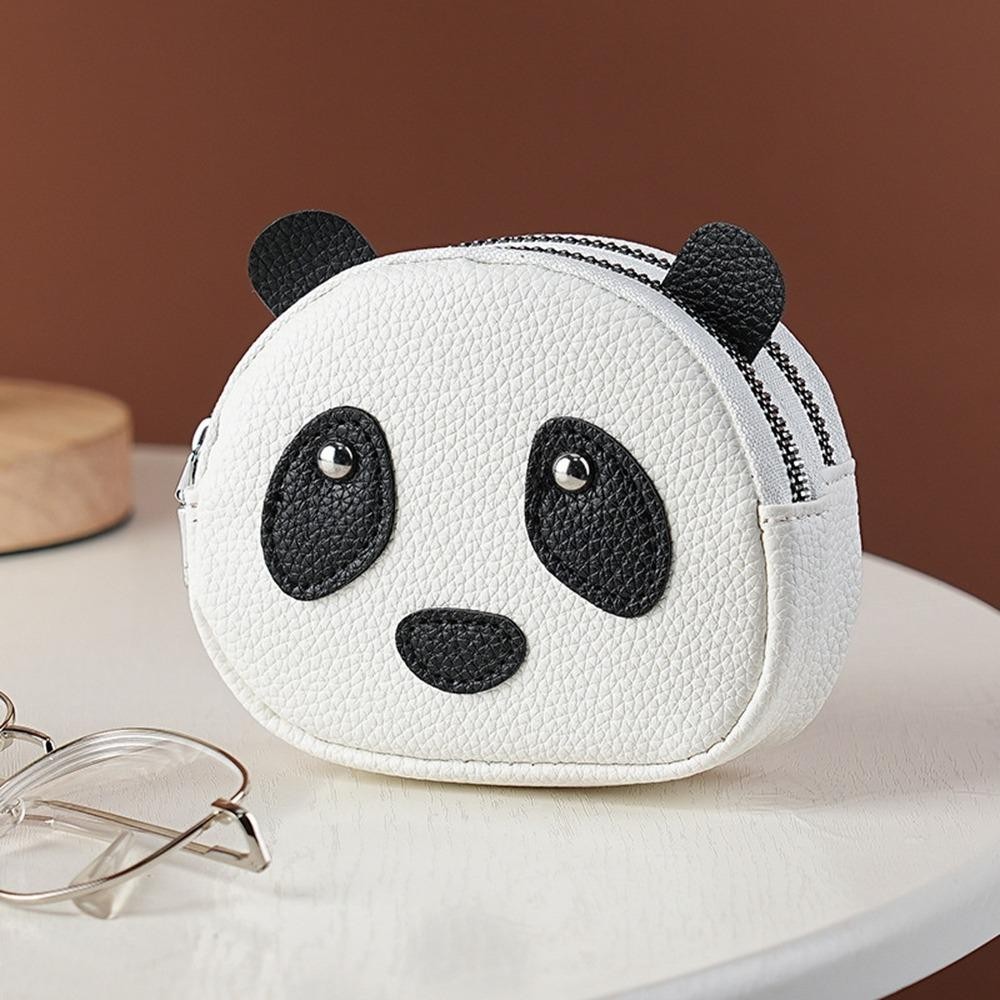 กระเป๋าใส่เหรียญซิปสองชั้นมินิรูปแพนด้ากระเป๋าสตางค์น่ารัก สีขาว