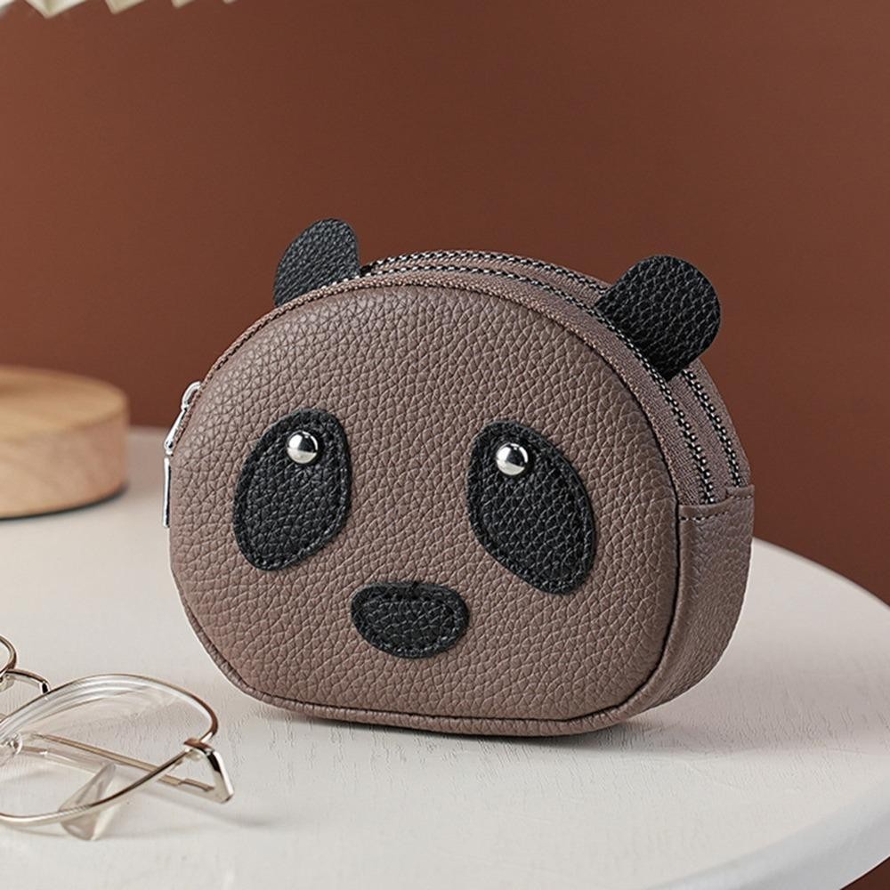 กระเป๋าใส่เหรียญซิปสองชั้นมินิรูปแพนด้ากระเป๋าสตางค์น่ารัก สีน้ำตาลเข้ม